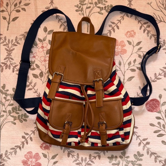 Charming Charlie Handbags - Charming Charlie Cream, Red &Blue Striped Canvas & Brown Faux Leather Backpack